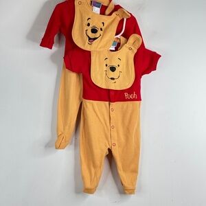 Vintage 80s 90s Winnie the Pooh Romper Detachable Bib 6M Set of 2 Retro Footie